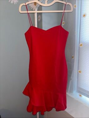 Likely Red Spaghetti-Strap Ruffle-Hem Mini Dress